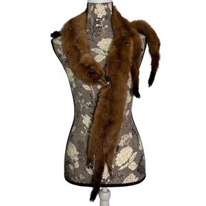 Vintage Real Fur Stole Four Full Pelt Genuine Minks Heads Tails Brown Wrap Scarf